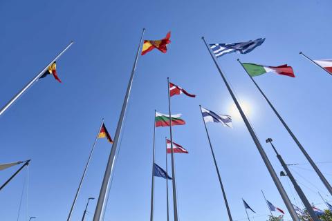 Photograph of flags outside CERN. 