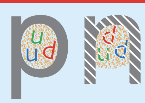 Typographic illustration of a proton and an antineutron.